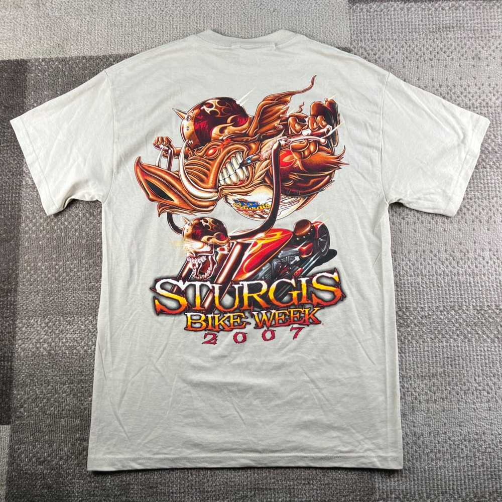 Y2K Hog Flame Skull Sturgis Bike Week 2007 Graphic T-Shirt Tan Mens Medium